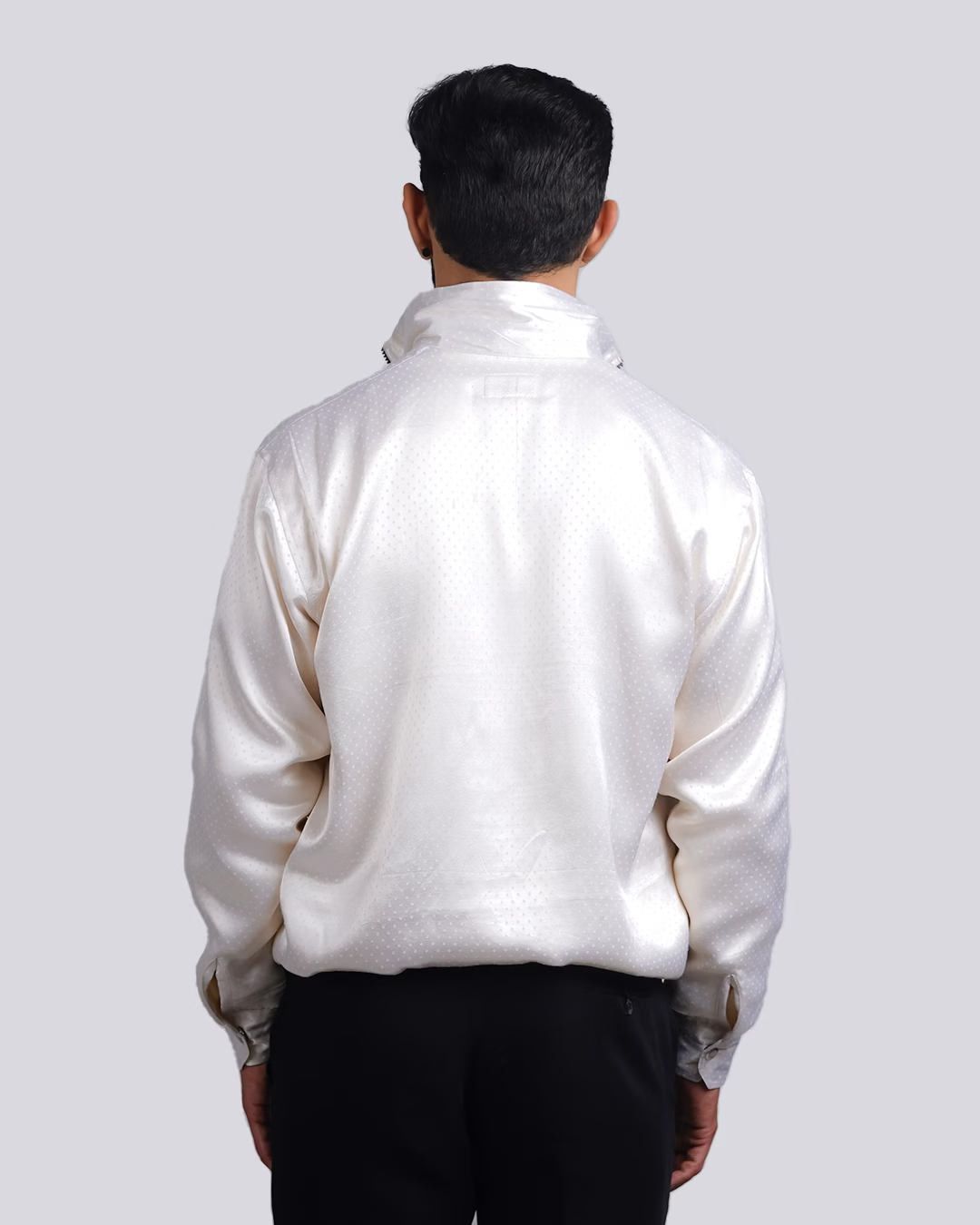 White Mashru Dotted Bomber Jacket