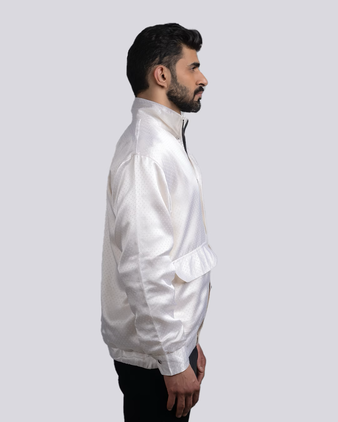 White Mashru Dotted Bomber Jacket