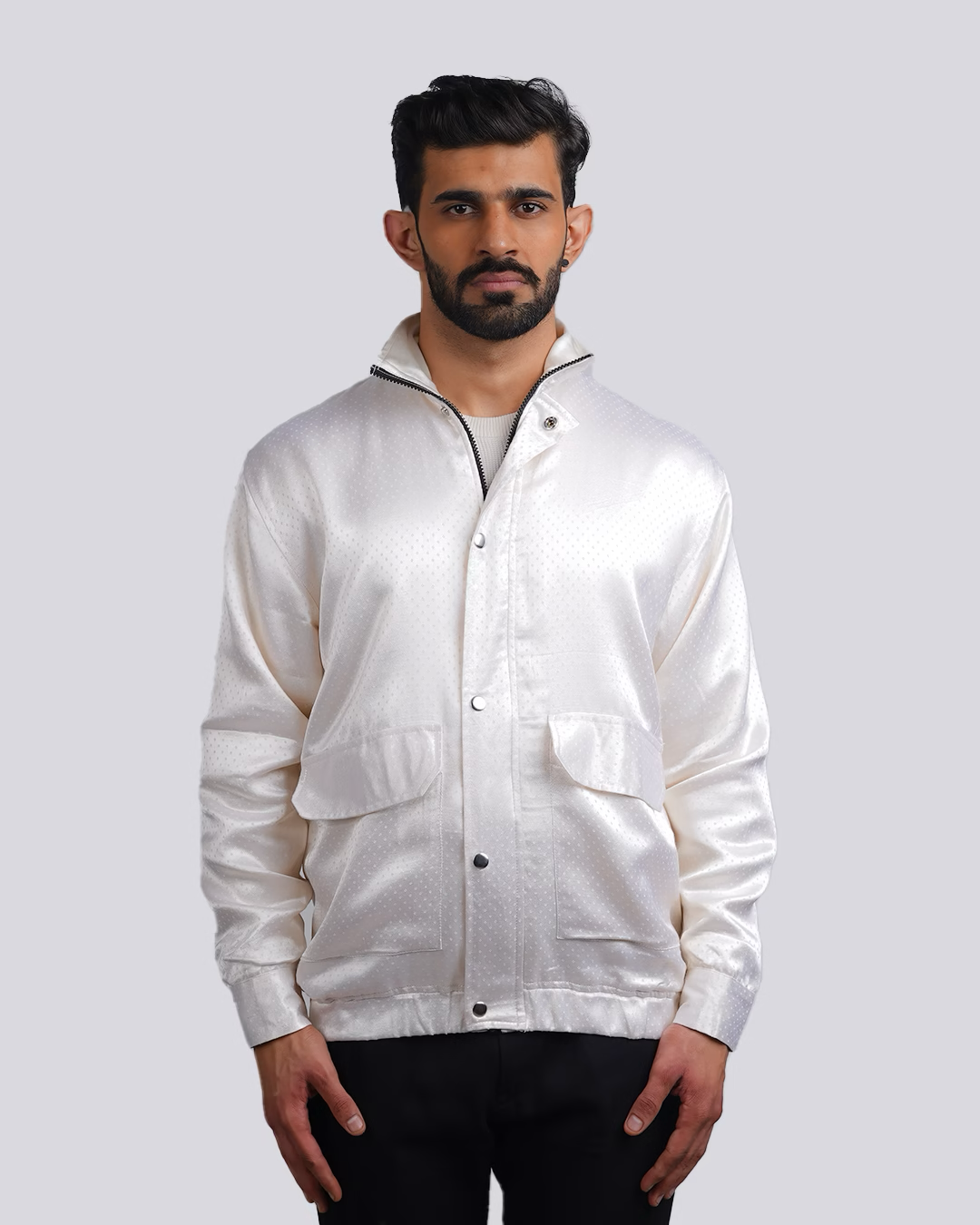 White Mashru Dotted Bomber Jacket