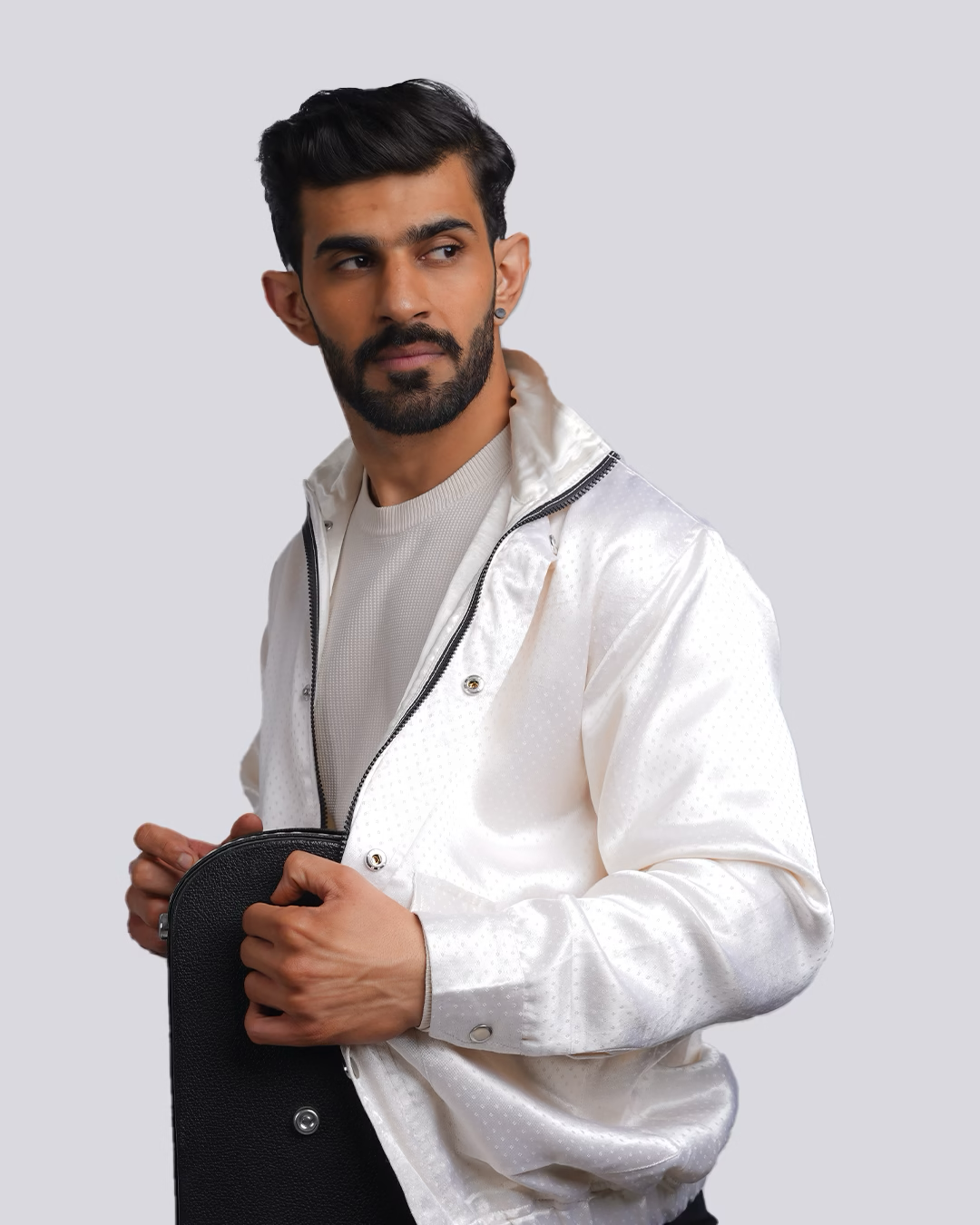 White Mashru Dotted Bomber Jacket