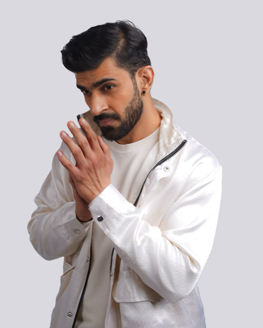 White Mashru Dotted Bomber Jacket