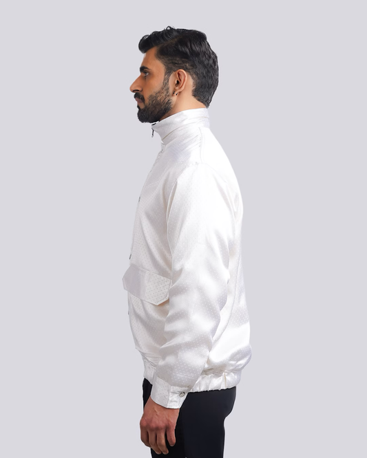 White Mashru Dotted Bomber Jacket